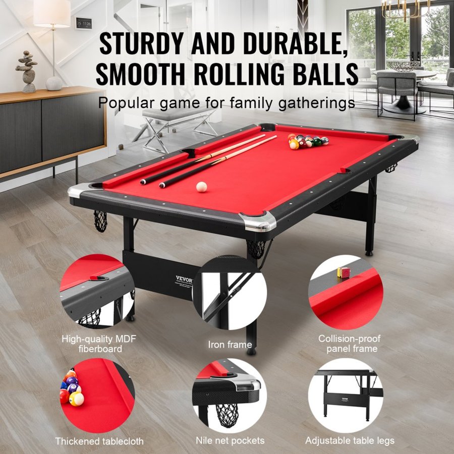 VEVOR Billiards Table, 213 cm Pool Table, Portable Foldable Space-Saving Table, Billiard Table Set Includes Balls, Cues, Chalks and Brush, Black with Red Cloth, Perfect for Family Game Room Kids Adults