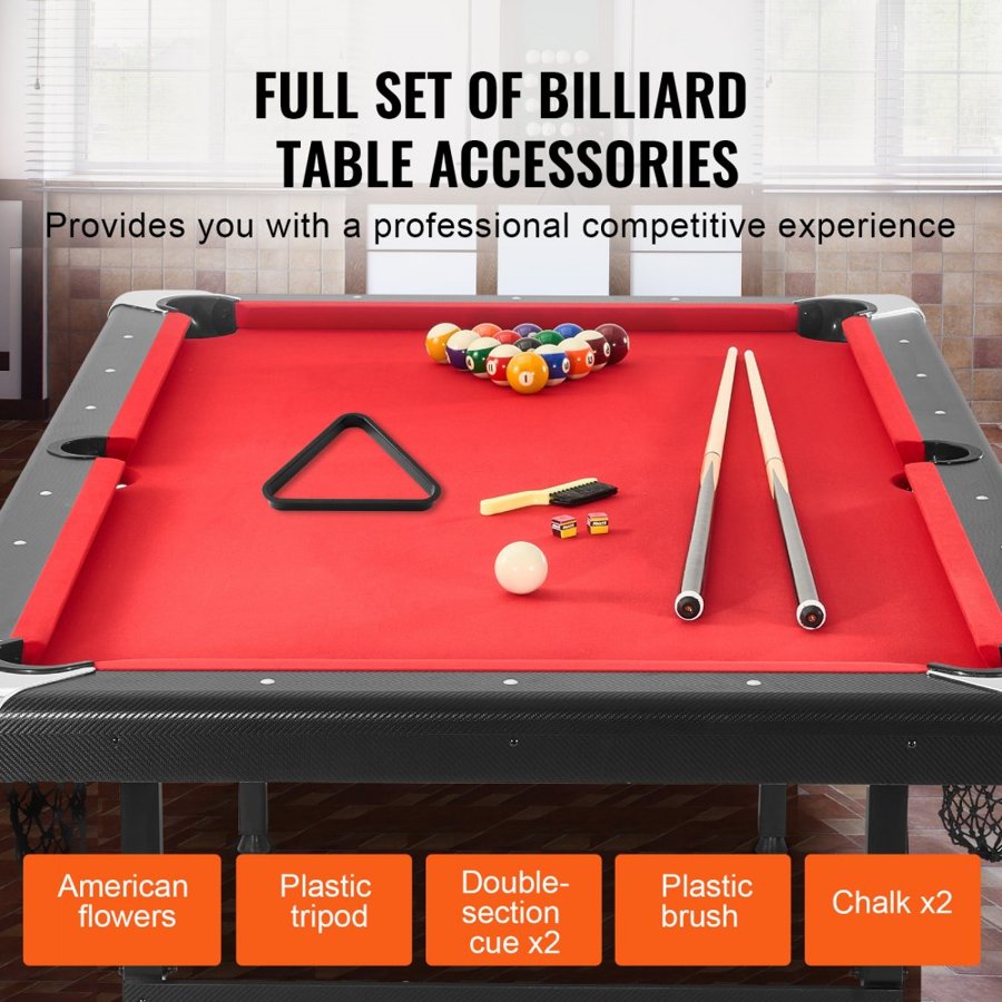 VEVOR Billiards Table, 213 cm Pool Table, Portable Foldable Space-Saving Table, Billiard Table Set Includes Balls, Cues, Chalks and Brush, Black with Red Cloth, Perfect for Family Game Room Kids Adults