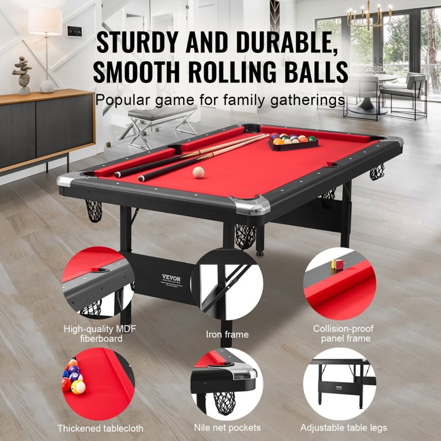 VEVOR Billiards Table, 192 cm Pool Table, Portable Foldable Space-Saving Table, Billiard Table Set Includes Balls, Cues, Chalks and Brush, Black with Red Cloth, Perfect for Family Game Room Kid Adult