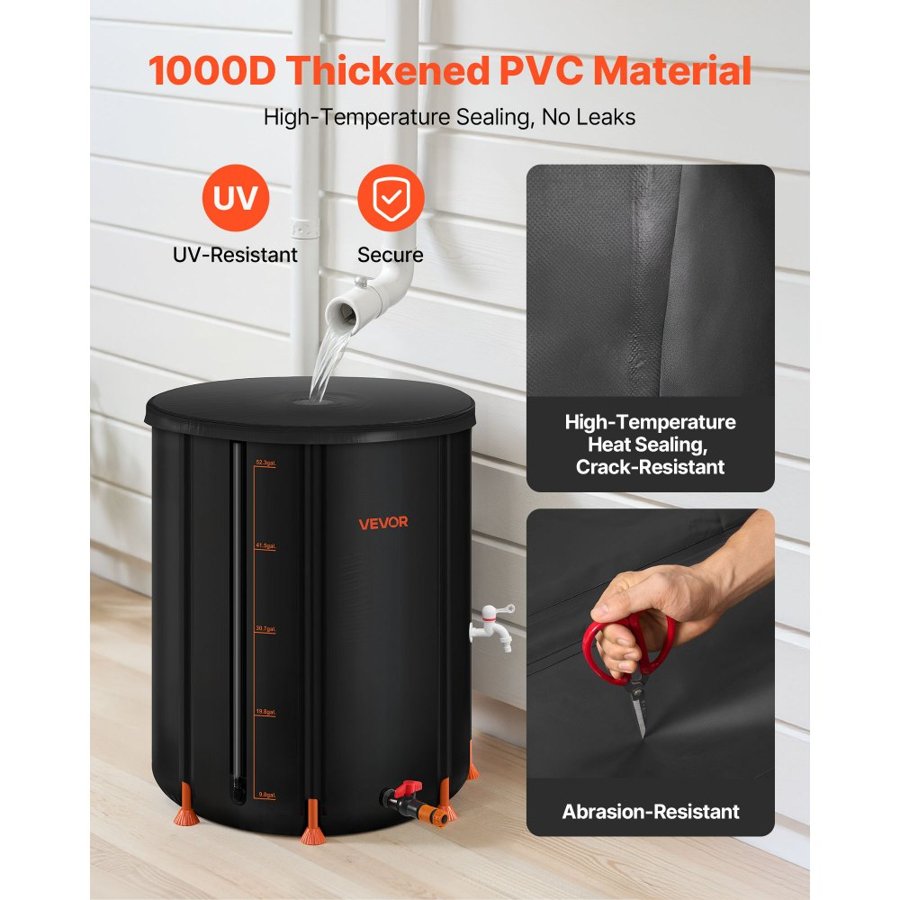 VEVOR Collapsible Rain Barrel – 53 Gallon, 1000D PVC Tank
