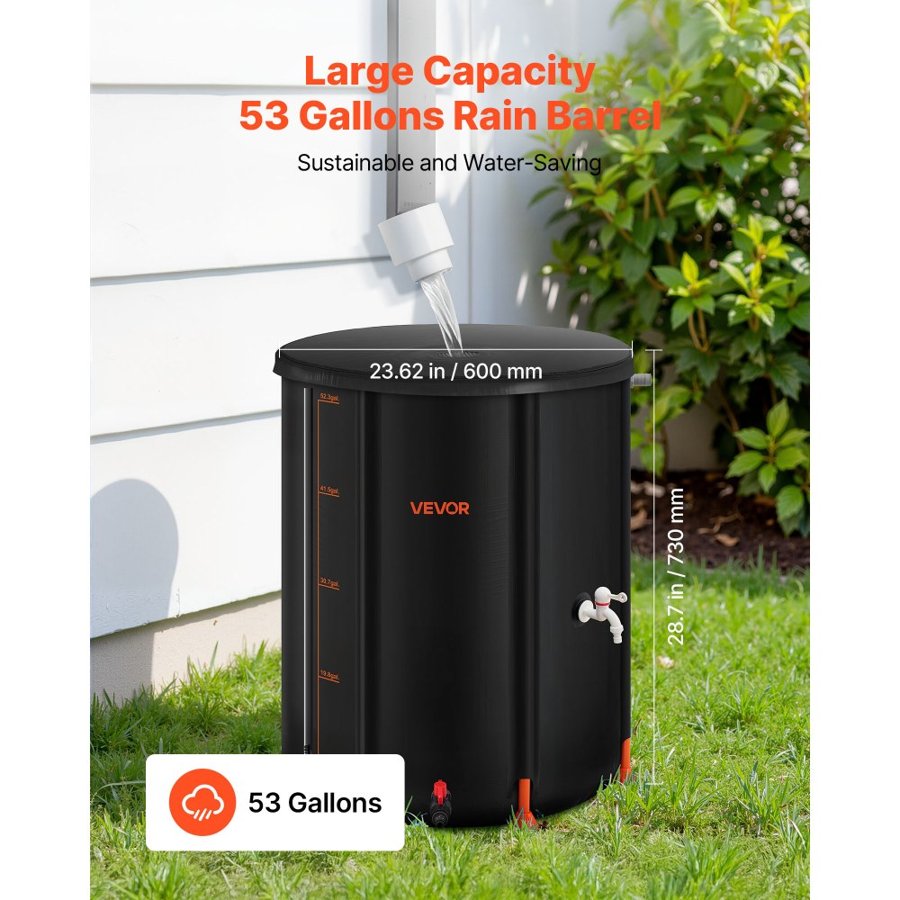 VEVOR Collapsible Rain Barrel – 53 Gallon, 1000D PVC Tank