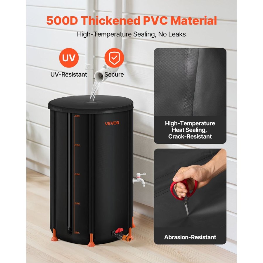 VEVOR Collapsible Rain Water Barrel – 66 Gallon, 500D PVC