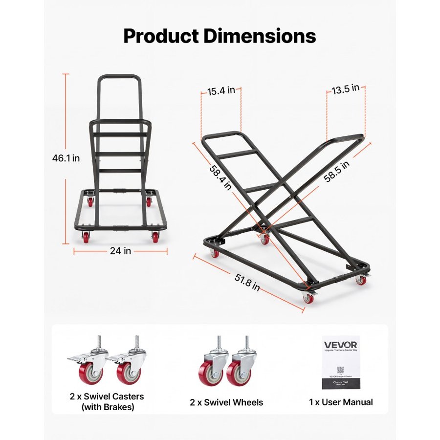 VEVOR Performing Arts Chair Cart 136 kg Capacity Holds Up to 18 Chairs, for Music Events, X-Shaped Stacking Design, Heavy-Duty Carbon Steel, Easy to Move, Storage Dolly, with Locking Swivel Wheels
