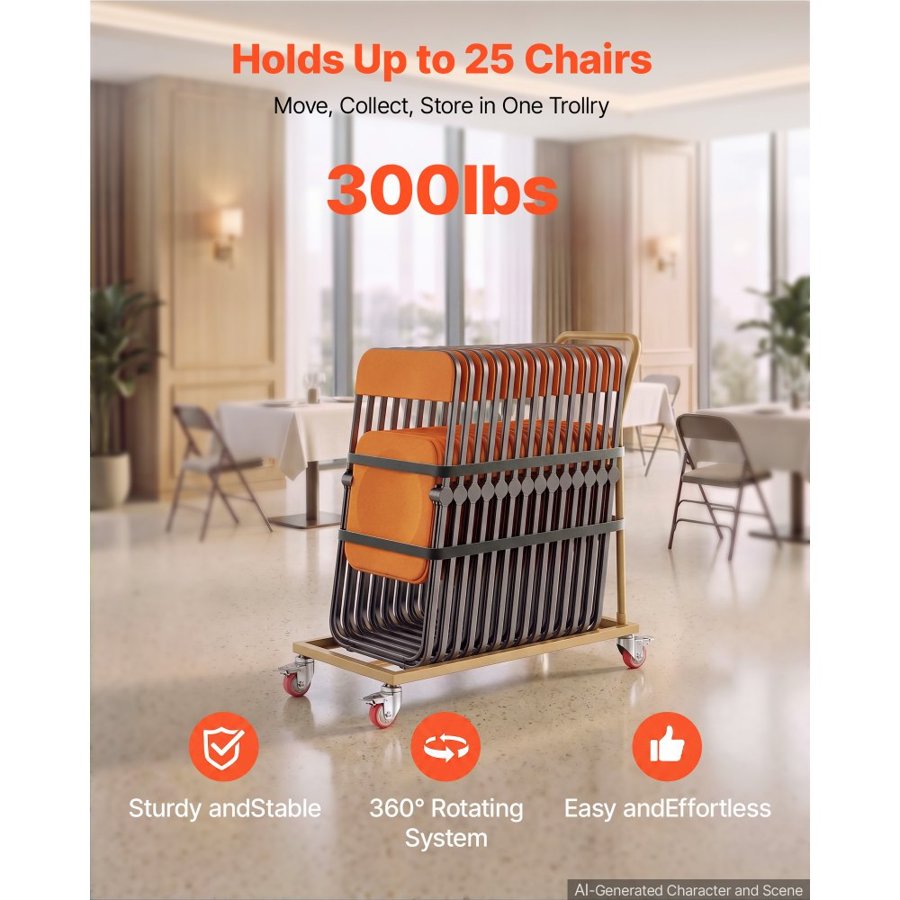 VEVOR Folding Chair Cart 300 lbs for 25 Chairs L-Shape Vertical Placement, for Commercial & Home Kitchen, Heavy-Duty Carbon Steel, Easy to Move, Storage Dolly, with Locking Swivel Wheels & Handle
