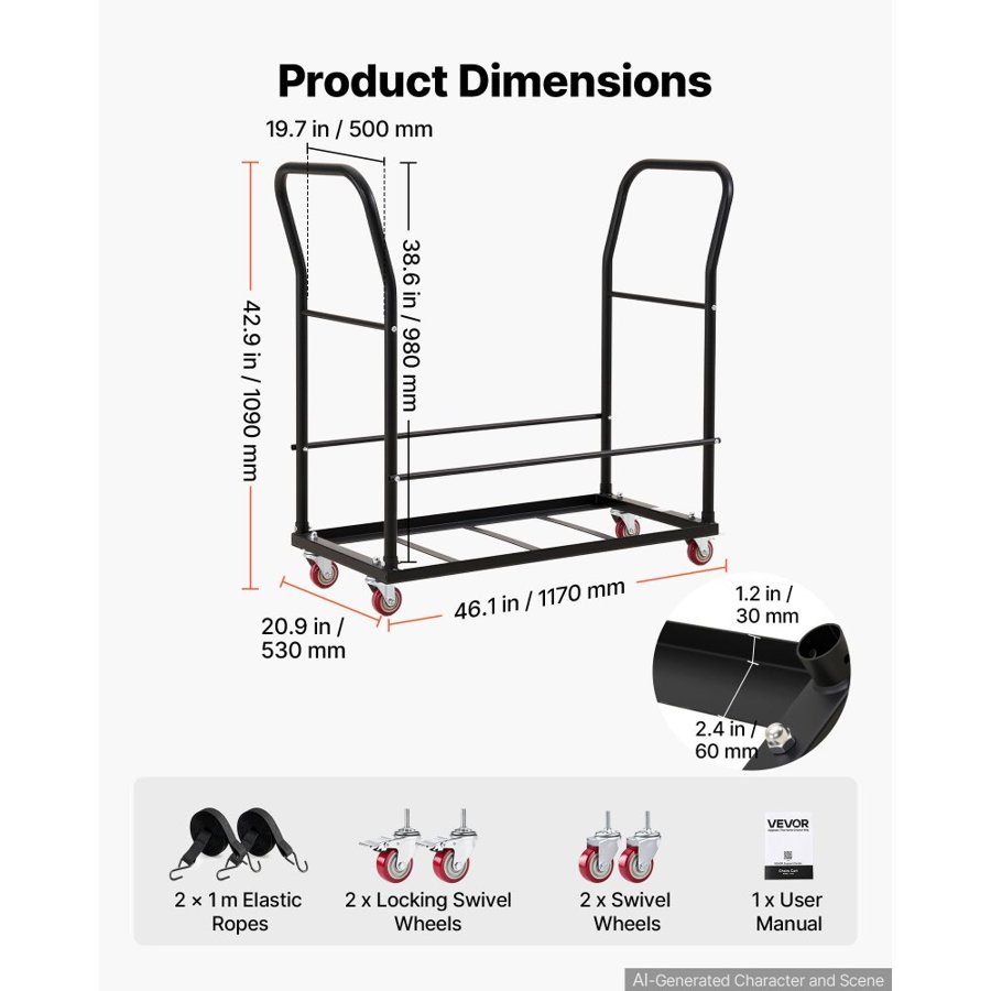 VEVOR Commercial Folding Chair Cart Holds Up to 25 Chair Vertical Placement, for Large Events, Heavy-Duty Carbon Steel, Easy to Move, 136 kg Capacity Storage Dolly Holder, with Locking Wheels, Handle