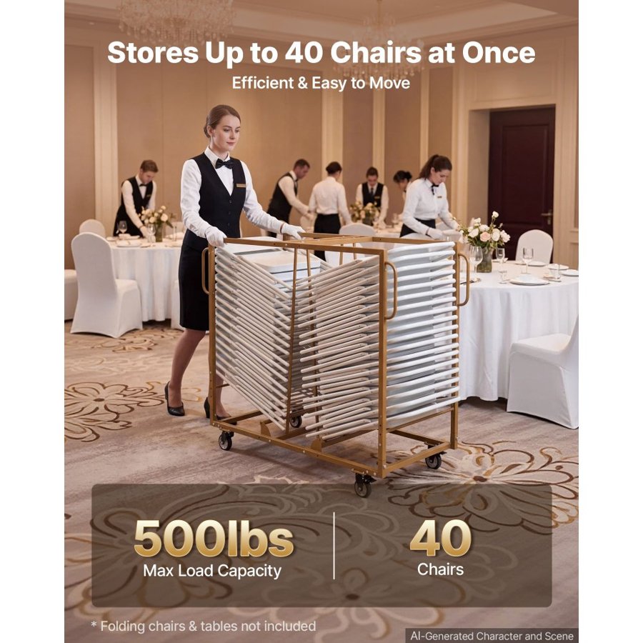 VEVOR Folding Chair Cart 226.8kg Capacity for 40 Chairs Horizontal Stacking, for Large Events Commercial, Heavy-Duty Carbon Steel, Easy to Move, Storage Dolly Holder, with Locking Swivel Wheel, Handle