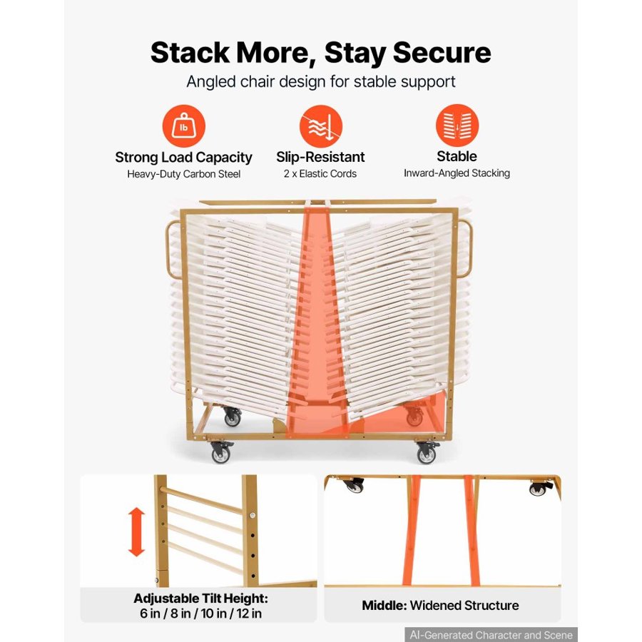 VEVOR Folding Chair Cart 226.8kg Capacity for 40 Chairs Horizontal Stacking, for Large Events Commercial, Heavy-Duty Carbon Steel, Easy to Move, Storage Dolly Holder, with Locking Swivel Wheel, Handle