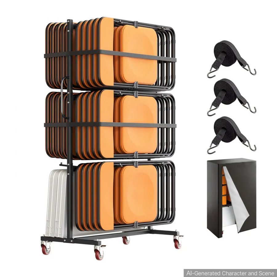 VEVOR Folding Table and Chair Rack Cart 181.5 kg Holds 24 Chairs & 6 Tables, for Large Event, Heavy-Duty Carbon Steel, Easy to Move, Storage Dolly, with Swivel Casters Locking Wheels, Waterproof Cover