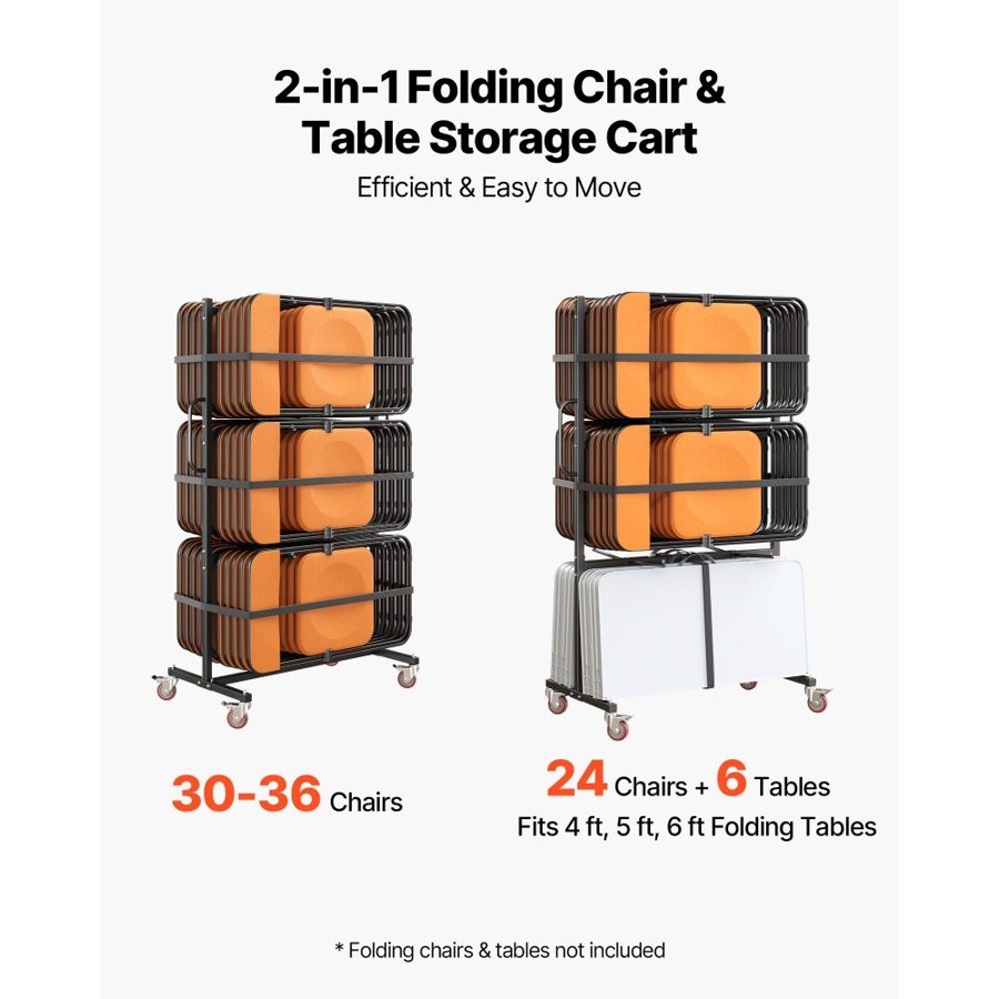 VEVOR Folding Table and Chair Rack Cart 181.5 kg Holds 24 Chairs & 6 Tables, for Large Event, Heavy-Duty Carbon Steel, Easy to Move, Storage Dolly, with Swivel Casters Locking Wheels, Waterproof Cover