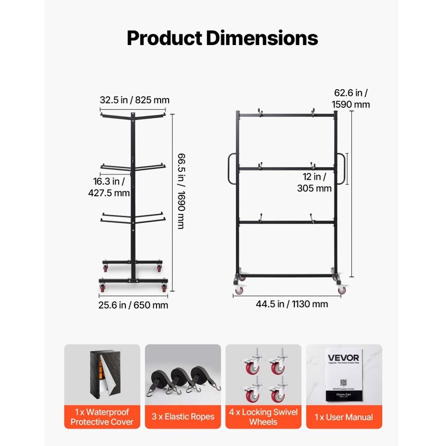 VEVOR Folding Table and Chair Rack Cart 181.5 kg Holds 24 Chairs & 6 Tables, for Large Event, Heavy-Duty Carbon Steel, Easy to Move, Storage Dolly, with Swivel Casters Locking Wheels, Waterproof Cover