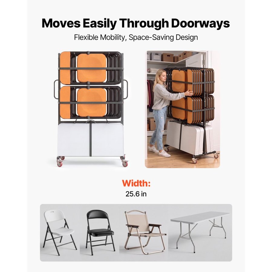 VEVOR Folding Table and Chair Rack Cart 181.5 kg Holds 24 Chairs & 6 Tables, for Large Event, Heavy-Duty Carbon Steel, Easy to Move, Storage Dolly, with Swivel Casters Locking Wheels, Waterproof Cover