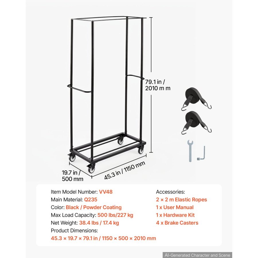 VEVOR Folding Chair Cart 500 lbs Capacity for 60 Chair Horizontal Placement, for Party Event Hotel, Heavy-Duty Carbon Steel, Easy to Move, Storage Dolly Holder, with Swivel Casters and Locking Wheels