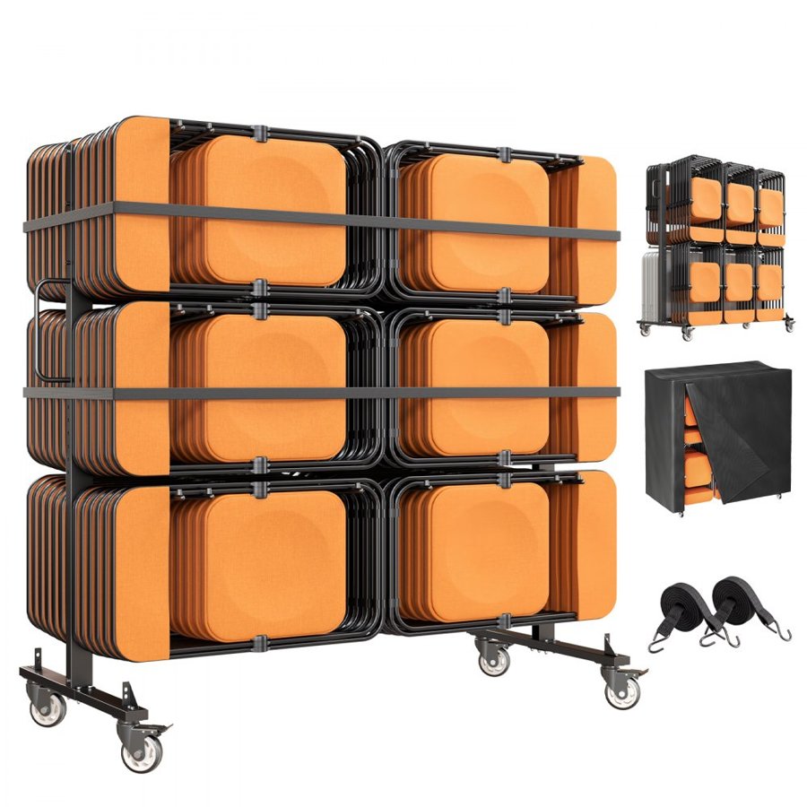 VEVOR Folding Table and Chair Cart 363 kg Holds 42 Chairs & 12 Tables, for Large Event, Heavy-Duty Carbon Steel, Easy to Move, Storage Dolly, with Swivel Casters Locking Wheels, Waterproof Cover