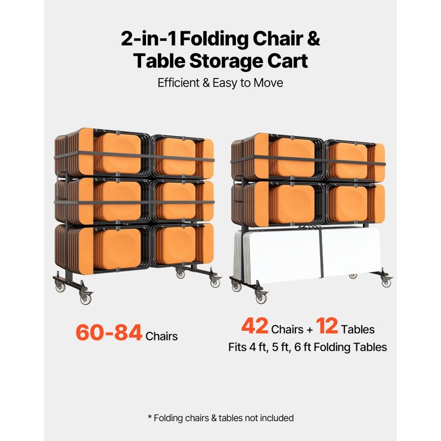 VEVOR Folding Table and Chair Cart 363 kg Holds 42 Chairs & 12 Tables, for Large Event, Heavy-Duty Carbon Steel, Easy to Move, Storage Dolly, with Swivel Casters Locking Wheels, Waterproof Cover