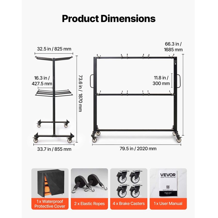 VEVOR Folding Table and Chair Cart 363 kg Holds 42 Chairs & 12 Tables, for Large Event, Heavy-Duty Carbon Steel, Easy to Move, Storage Dolly, with Swivel Casters Locking Wheels, Waterproof Cover