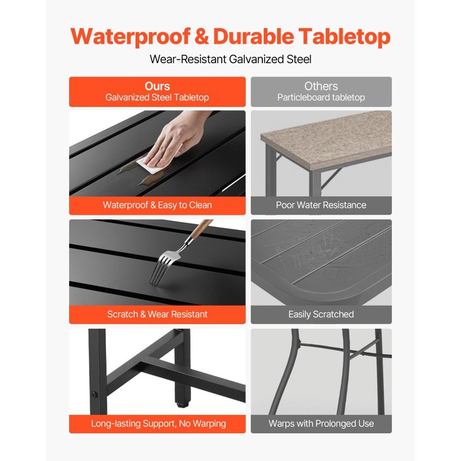 VEVOR Outdoor Bar Table, 100 x 37.5 cm Patio Bar Table, Waterproof Top & Sturdy Metal Frame, Rectangle Counter Height Dining Tables, Outdoor Furniture for Balcony, Yard, Hot Tub, Poolside, Indoor