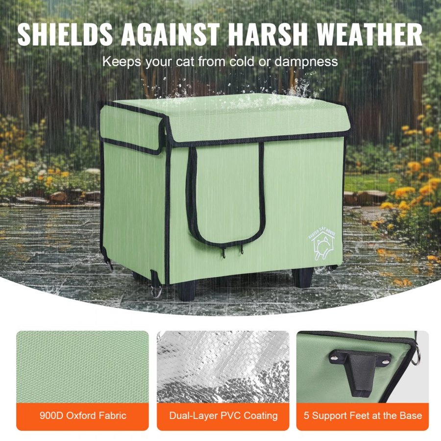 VEVOR Elevated Heated Cat House, Cuboid Kitty Shelter with Adjustable Temperature and Timer, 900D Oxford Cloth Foldable Cat Shelter with Heated Pad  for Winter to Stay Warm and Cozy, Green (Small)