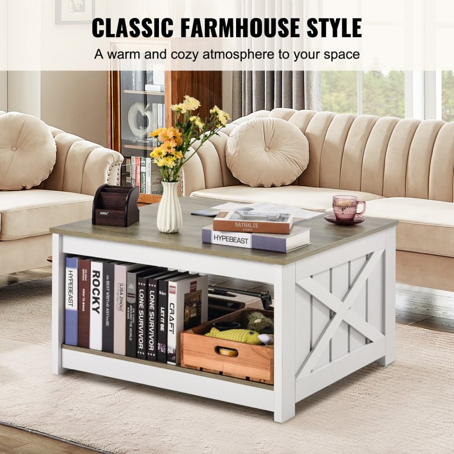 VEVOR 31.5" Farmhouse Coffee Table, Square Coffee Table with Open Storage Compartment, Wooden Rustic Cocktail Table for Living Room, Bedroom, Apartment, Studio, Gray & White