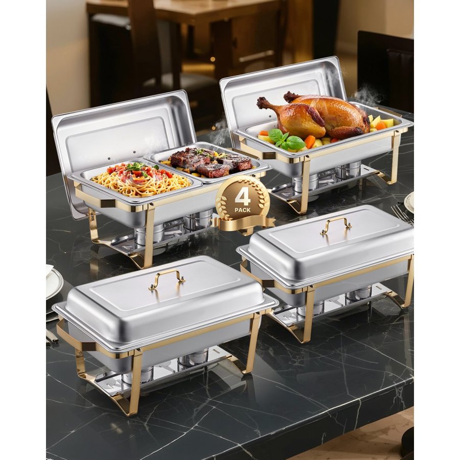 VEVOR Chafing Dish Buffet Set, 8 Qt 4 Pack, Stainless Steel Chafer with 2 Full Size and 4 Half Size Pans, Rectangle Catering Warmer Server with Lid Water Pan Stand, for Weddings Parties Banquets, Gold
