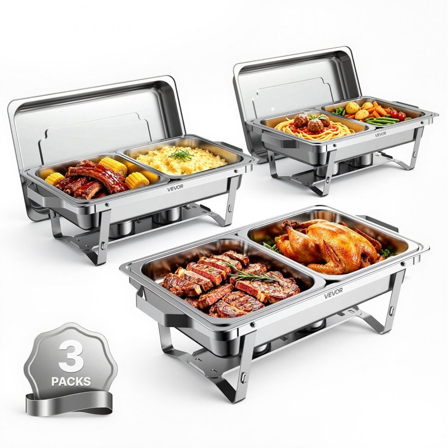 VEVOR 3 Packs Chafing Dishes for Buffet Set, 8.5L Stainless Steel Chafer, for Banquet Party Wedding, Rectangle Buffet Server and Warmer, with 6 Half Size Pans, Fuel Holder, and Foldable Stand