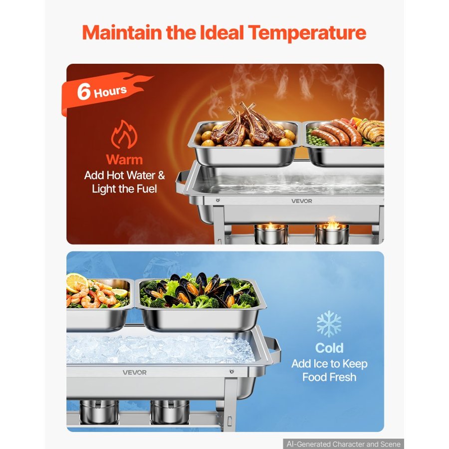 VEVOR 3 Packs Chafing Dishes for Buffet Set, 8.5L Stainless Steel Chafer, for Banquet Party Wedding, Rectangle Buffet Server and Warmer, with 6 Half Size Pans, Fuel Holder, and Foldable Stand