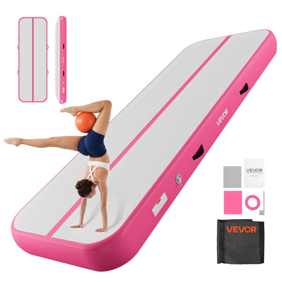VEVOR Inflatable Gymnastics Air Mat 3m Training Mats w/ Electric Pump, 20 cm Thick Sturdy Tumble Track, Tumbling Mat for Home Use/Gym/Outdoor/Yoga/Cheerleading/Beach/Park/Water, Pink