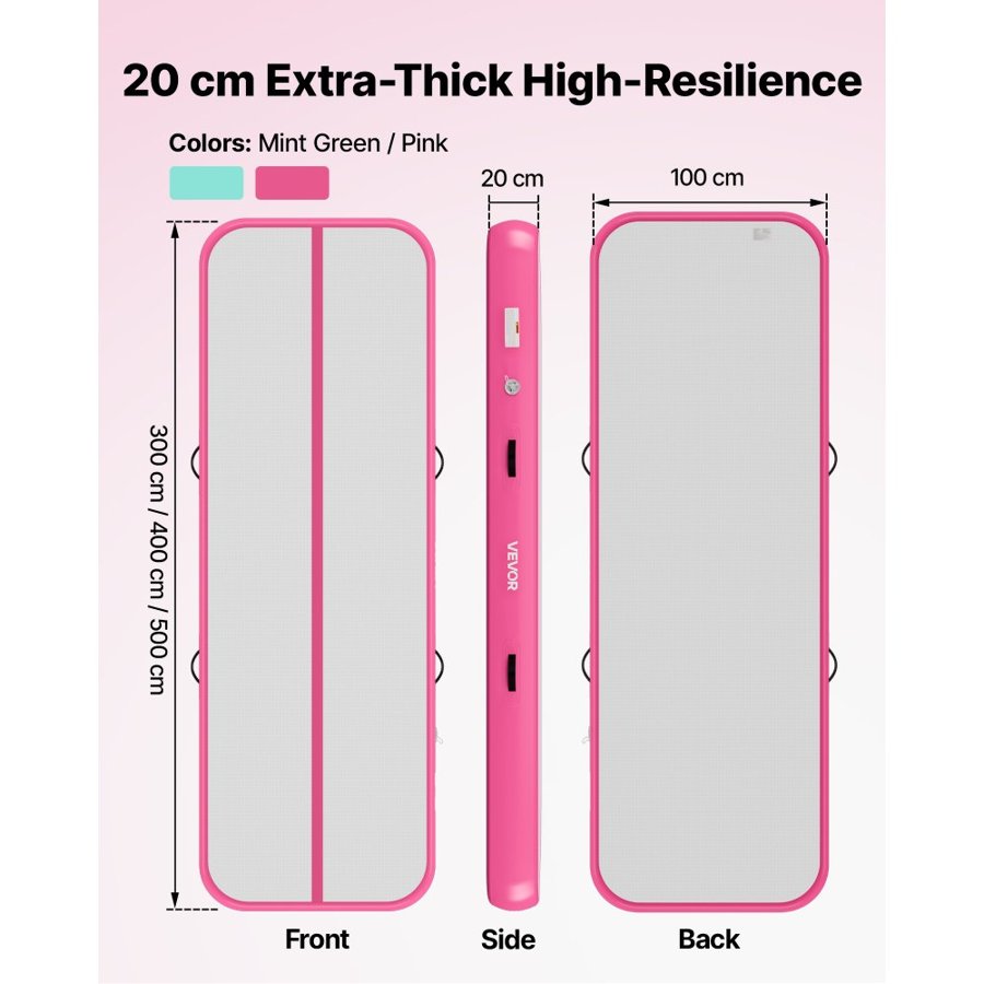 VEVOR Inflatable Gymnastics Air Mat 3m Training Mats w/ Electric Pump, 20 cm Thick Sturdy Tumble Track, Tumbling Mat for Home Use/Gym/Outdoor/Yoga/Cheerleading/Beach/Park/Water, Pink