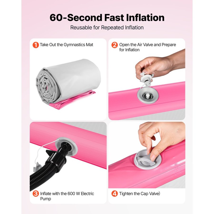 VEVOR Inflatable Gymnastics Air Mat 3m Training Mats w/ Electric Pump, 20 cm Thick Sturdy Tumble Track, Tumbling Mat for Home Use/Gym/Outdoor/Yoga/Cheerleading/Beach/Park/Water, Pink
