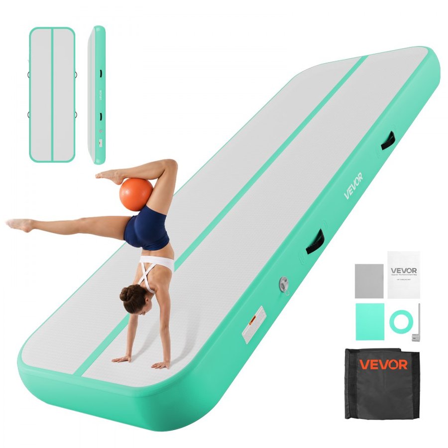 VEVOR Inflatable Gymnastics Air Mat 3m Training Mats w/ Electric Pump, 20 cm Thick Sturdy Tumble Track, Tumbling Mat for Home Use/Gym/Outdoor/Yoga/Cheerleading/Beach/Park/Water, Mint Green