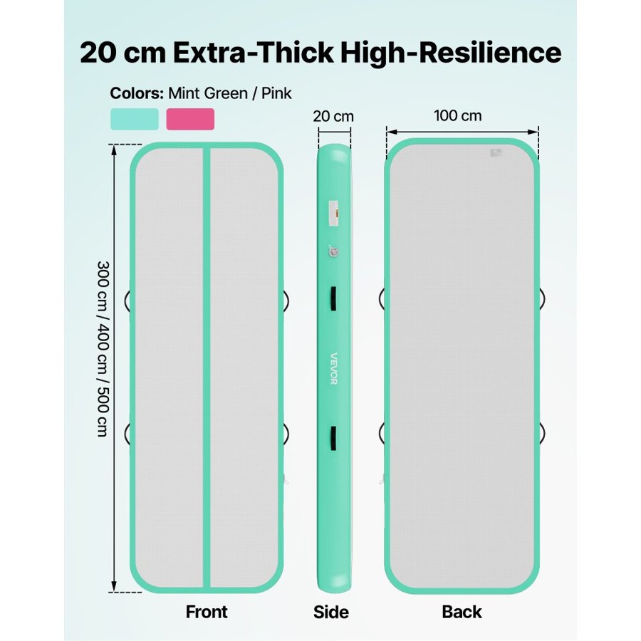 VEVOR Inflatable Gymnastics Air Mat 3m Training Mats w/ Electric Pump, 20 cm Thick Sturdy Tumble Track, Tumbling Mat for Home Use/Gym/Outdoor/Yoga/Cheerleading/Beach/Park/Water, Mint Green