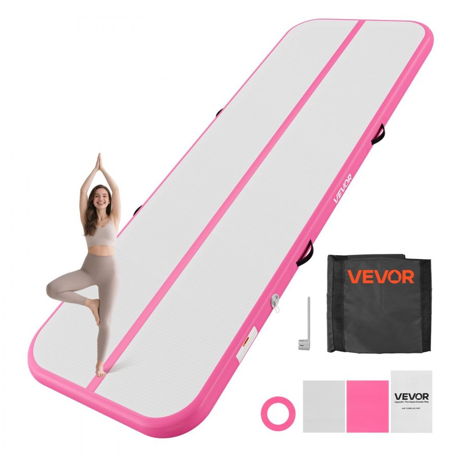 VEVOR Inflatable Gymnastics Air Mat 3m Training Mats w/ Electric Pump, 10 cm Thick Sturdy Tumble Track, Tumbling Mat for Home Use/Gym/Outdoor/Yoga/Cheerleading/Beach/Park/Water, Pink