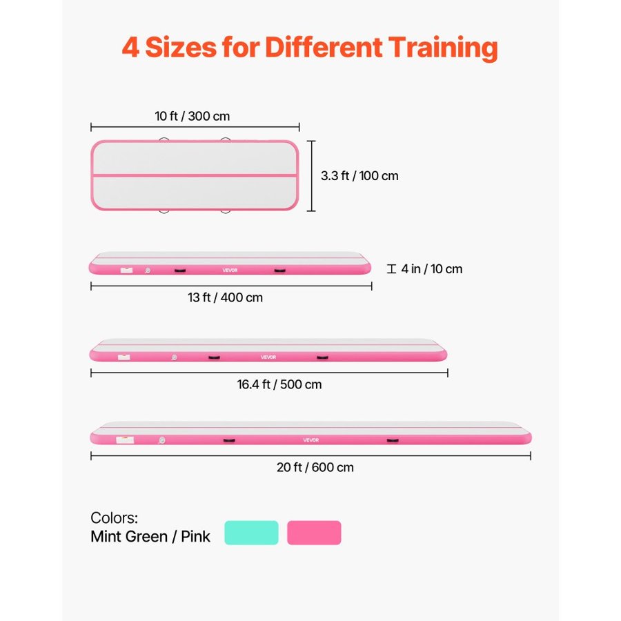 VEVOR Inflatable Gymnastics Air Mat 3m Training Mats w/ Electric Pump, 10 cm Thick Sturdy Tumble Track, Tumbling Mat for Home Use/Gym/Outdoor/Yoga/Cheerleading/Beach/Park/Water, Pink
