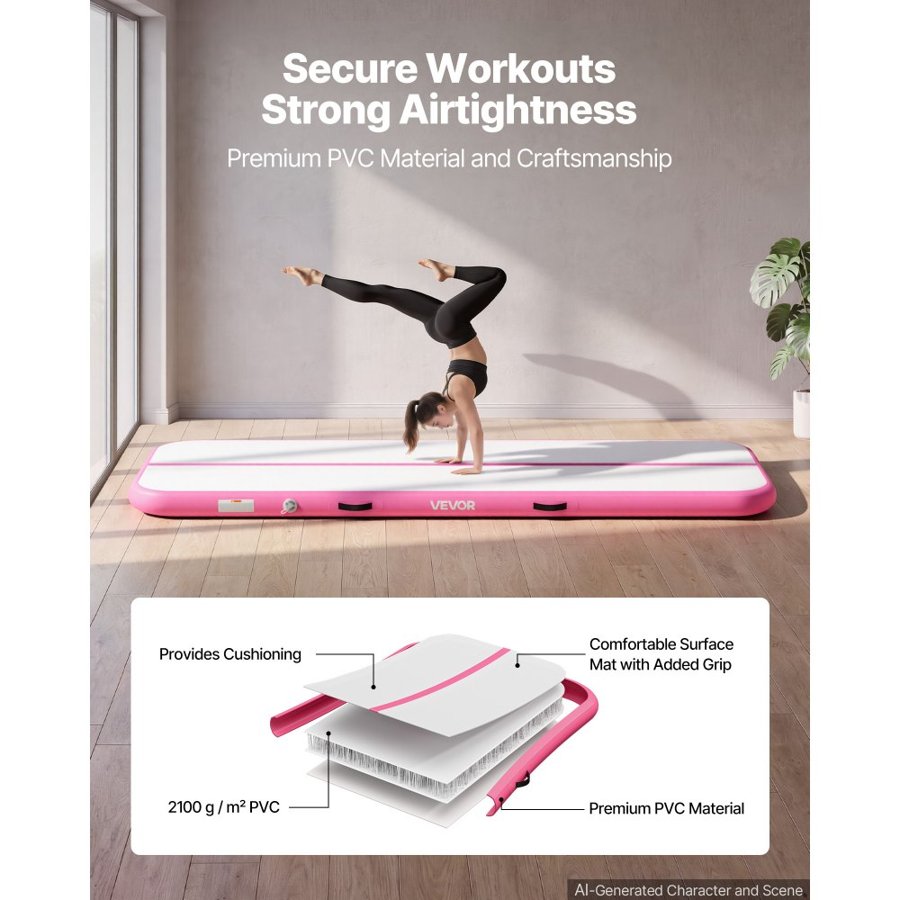 VEVOR Inflatable Gymnastics Air Mat 3m Training Mats w/ Electric Pump, 10 cm Thick Sturdy Tumble Track, Tumbling Mat for Home Use/Gym/Outdoor/Yoga/Cheerleading/Beach/Park/Water, Pink