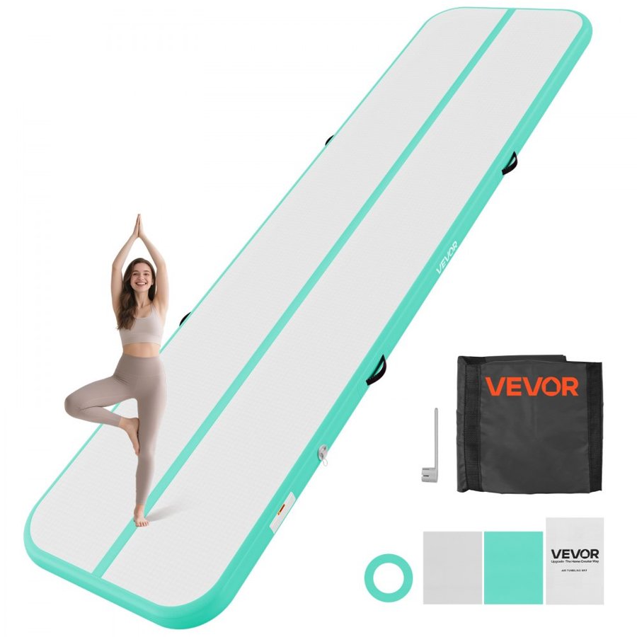 VEVOR Inflatable Gymnastics Air Mat 4m Training Mats w/ Electric Pump, 10 cm Thick Sturdy Tumble Track, Tumbling Mat for Home Use/Gym/Outdoor/Yoga/Cheerleading/Beach/Park/Water, Mint Green