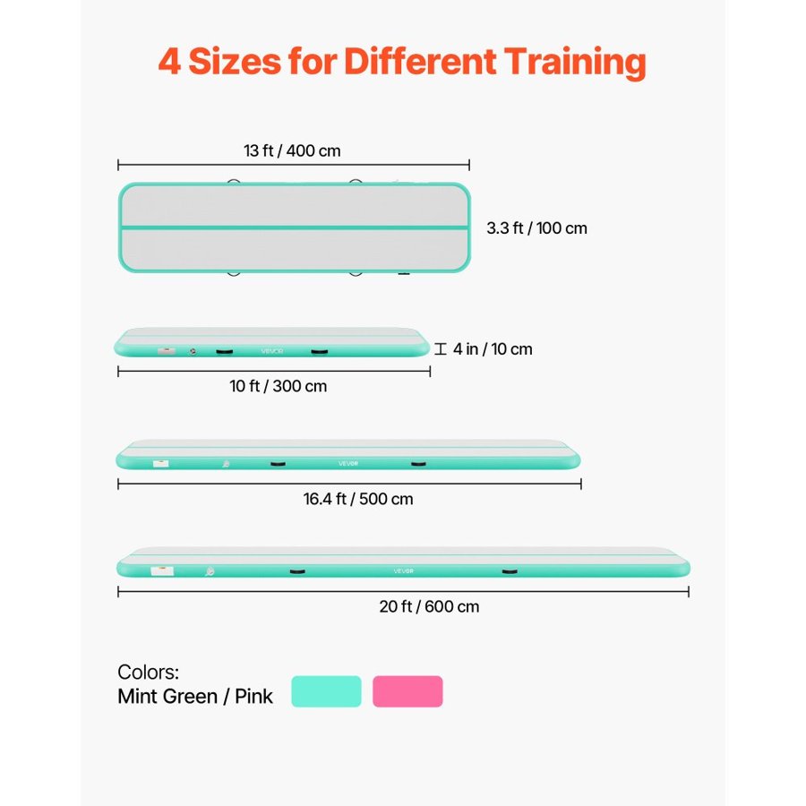 VEVOR Inflatable Gymnastics Air Mat 4m Training Mats w/ Electric Pump, 10 cm Thick Sturdy Tumble Track, Tumbling Mat for Home Use/Gym/Outdoor/Yoga/Cheerleading/Beach/Park/Water, Mint Green