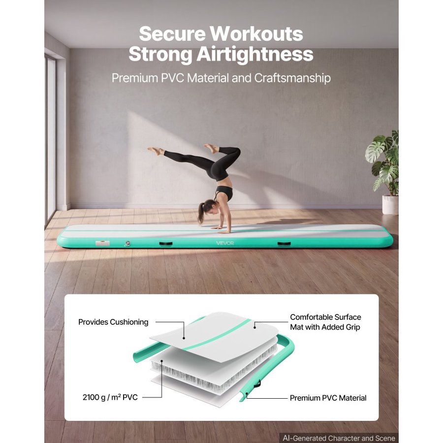 VEVOR Inflatable Gymnastics Air Mat 4m Training Mats w/ Electric Pump, 10 cm Thick Sturdy Tumble Track, Tumbling Mat for Home Use/Gym/Outdoor/Yoga/Cheerleading/Beach/Park/Water, Mint Green