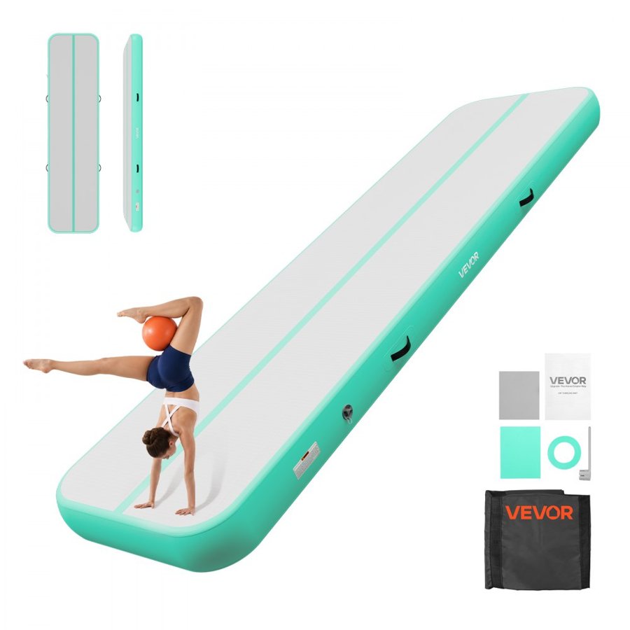 VEVOR Inflatable Gymnastics Air Mat 4m Training Mats w/ Electric Pump, 20 cm Thick Sturdy Tumble Track, Tumbling Mat for Home Use/Gym/Outdoor/Yoga/Cheerleading/Beach/Park/Water, Mint Green