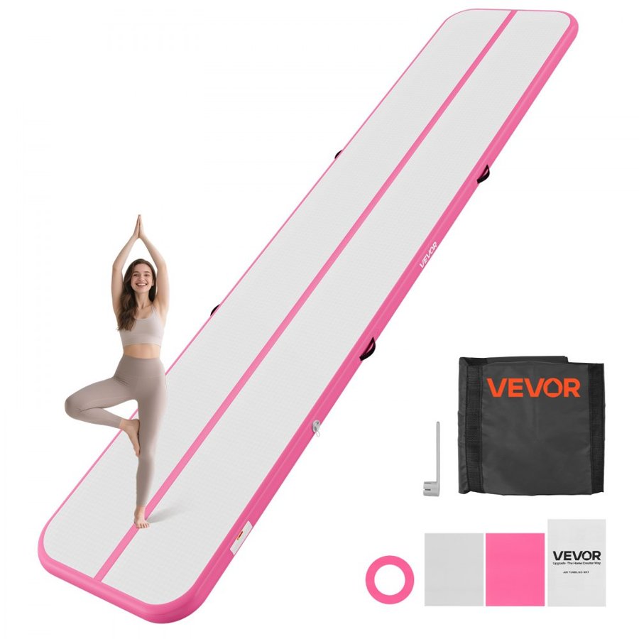 VEVOR Inflatable Gymnastics Air Mat 5m Training Mats w/ Electric Pump, 10 cm Thick Sturdy Tumble Track, Tumbling Mat for Home Use/Gym/Outdoor/Yoga/Cheerleading/Beach/Park/Water, Pink