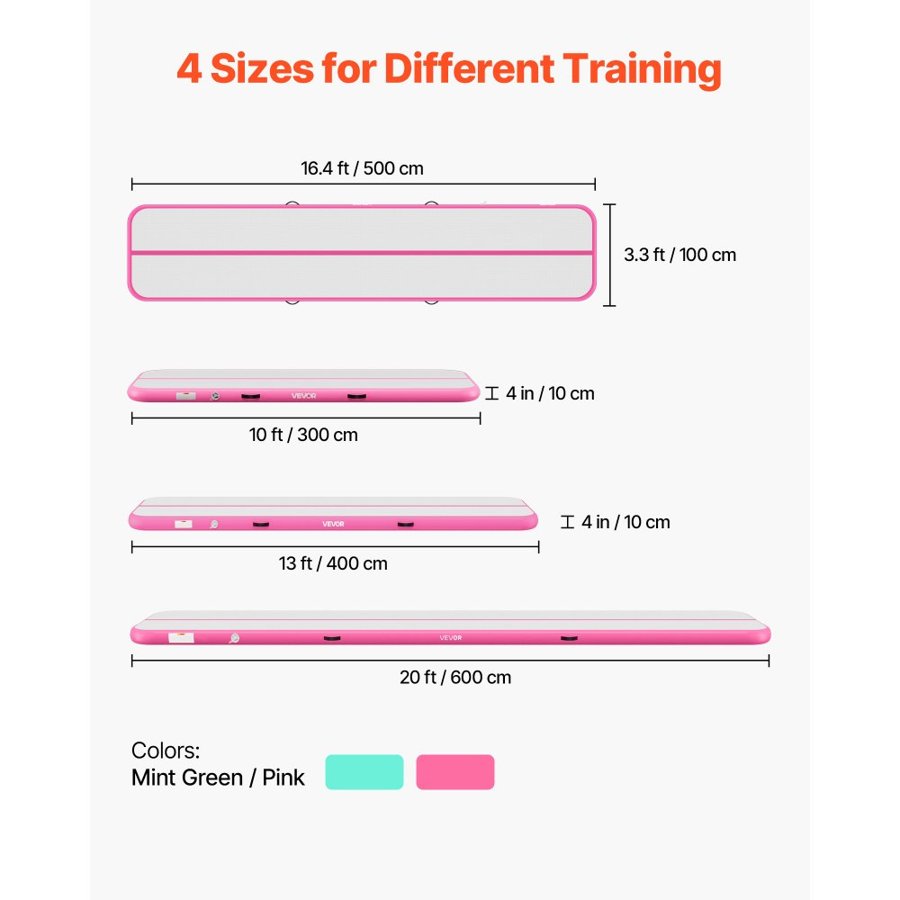 VEVOR Inflatable Gymnastics Air Mat 5m Training Mats w/ Electric Pump, 10 cm Thick Sturdy Tumble Track, Tumbling Mat for Home Use/Gym/Outdoor/Yoga/Cheerleading/Beach/Park/Water, Pink