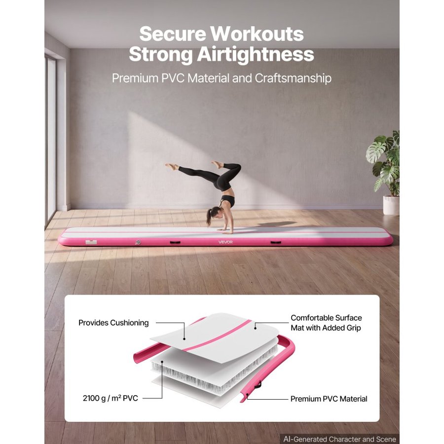 VEVOR Inflatable Gymnastics Air Mat 5m Training Mats w/ Electric Pump, 10 cm Thick Sturdy Tumble Track, Tumbling Mat for Home Use/Gym/Outdoor/Yoga/Cheerleading/Beach/Park/Water, Pink