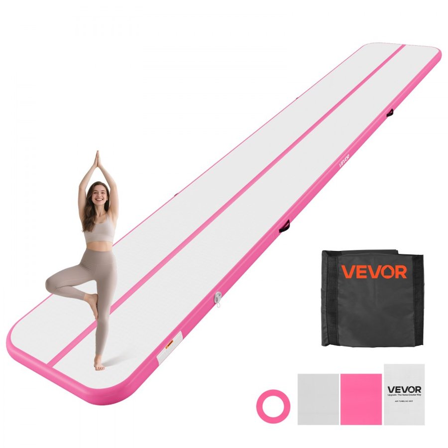 VEVOR Inflatable Gymnastics Air Mat 6m Training Mats w/ Electric Pump, 10 cm Thick Sturdy Tumble Track, Tumbling Mat for Home Use/Gym/Outdoor/Yoga/Cheerleading/Beach/Park/Water, Pink