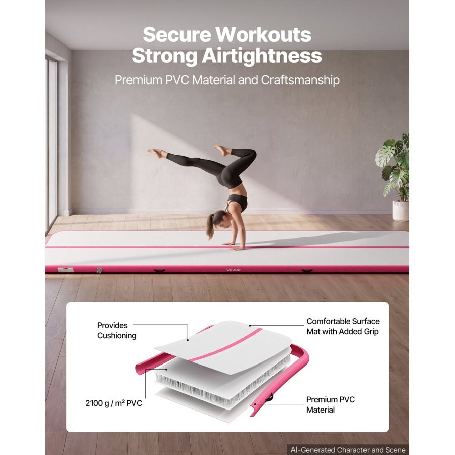 VEVOR Inflatable Gymnastics Air Mat 6m Training Mats w/ Electric Pump, 10 cm Thick Sturdy Tumble Track, Tumbling Mat for Home Use/Gym/Outdoor/Yoga/Cheerleading/Beach/Park/Water, Pink
