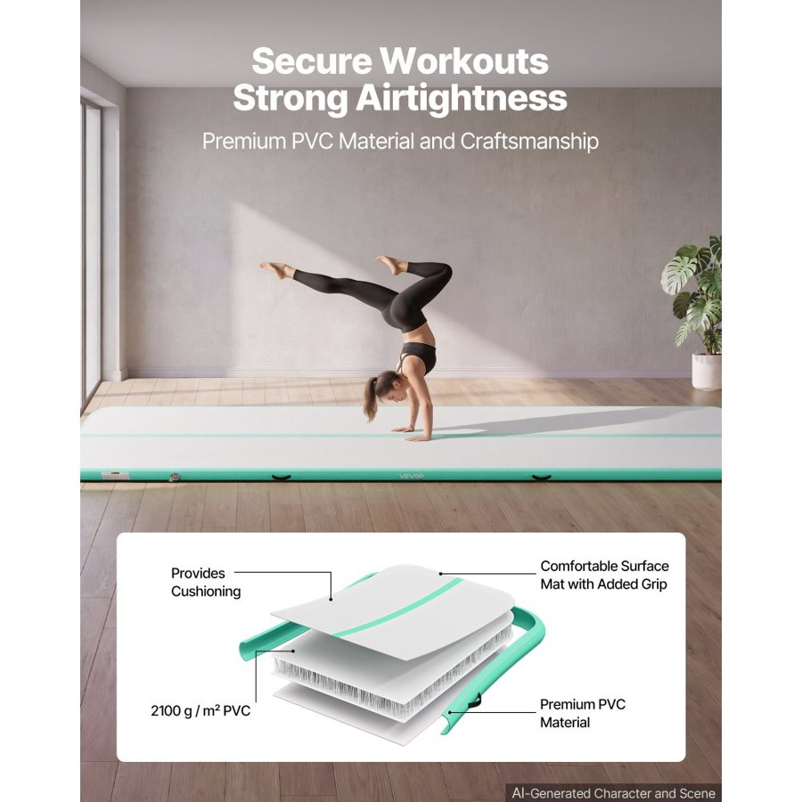 VEVOR Inflatable Gymnastics Air Mat 6m Training Mats w/ Electric Pump, 10 cm Thick Sturdy Tumble Track, Tumbling Mat for Home Use/Gym/Outdoor/Yoga/Cheerleading/Beach/Park/Water, Mint Green