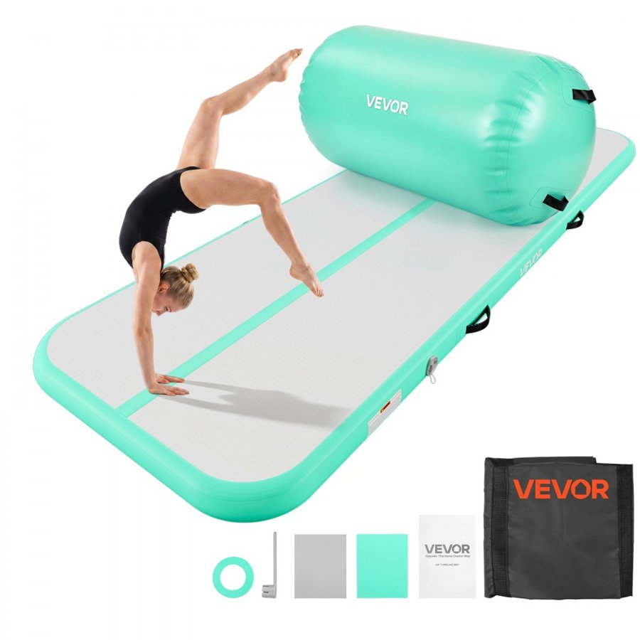 VEVOR Inflatable Gymnastics Air Mat with Air Barrel 3m Training Mats, 10 cm Thick Sturdy Tumble Track with Electric Pump, Tumbling Mat for Home Use/Gym/Outdoor/Yoga/Cheerleading, Mint Green