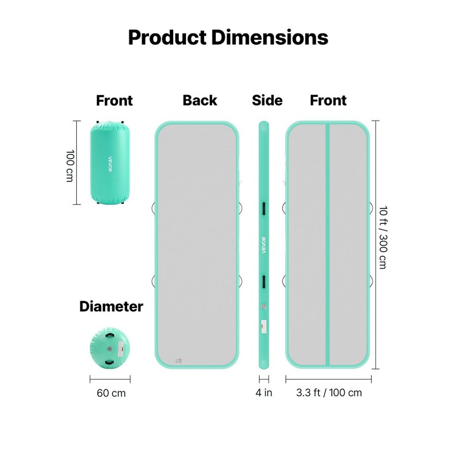VEVOR Inflatable Gymnastics Air Mat with Air Barrel 3m Training Mats, 10 cm Thick Sturdy Tumble Track with Electric Pump, Tumbling Mat for Home Use/Gym/Outdoor/Yoga/Cheerleading, Mint Green