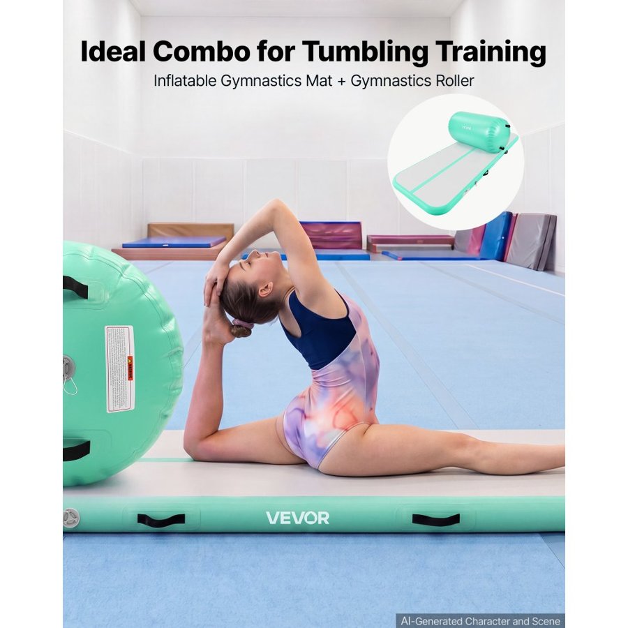 VEVOR Inflatable Gymnastics Air Mat with Air Barrel 3m Training Mats, 10 cm Thick Sturdy Tumble Track with Electric Pump, Tumbling Mat for Home Use/Gym/Outdoor/Yoga/Cheerleading, Mint Green
