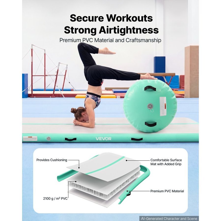 VEVOR Inflatable Gymnastics Air Mat with Air Barrel 3m Training Mats, 10 cm Thick Sturdy Tumble Track with Electric Pump, Tumbling Mat for Home Use/Gym/Outdoor/Yoga/Cheerleading, Mint Green