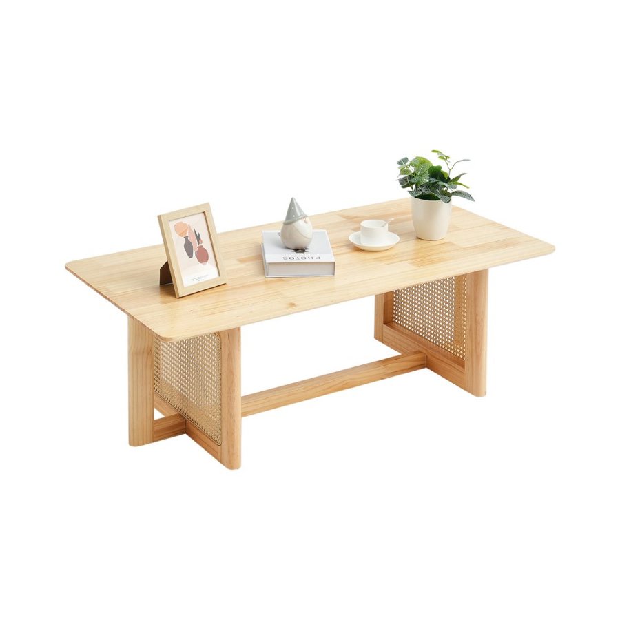 VEVOR Rattan Coffee Table, Rectangle Rattan Woven Wood Coffee Table with Rubber Wood Top, 47-Inch Modern Boho Storage Coffee Table with Natural Wood Legs, for Living Room, Bedroom & Small Spaces