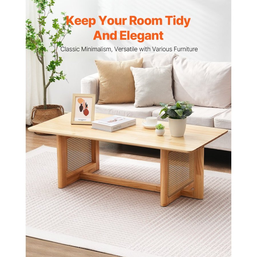 VEVOR Rattan Coffee Table, Rectangle Rattan Woven Wood Coffee Table with Rubber Wood Top, 47-Inch Modern Boho Storage Coffee Table with Natural Wood Legs, for Living Room, Bedroom & Small Spaces