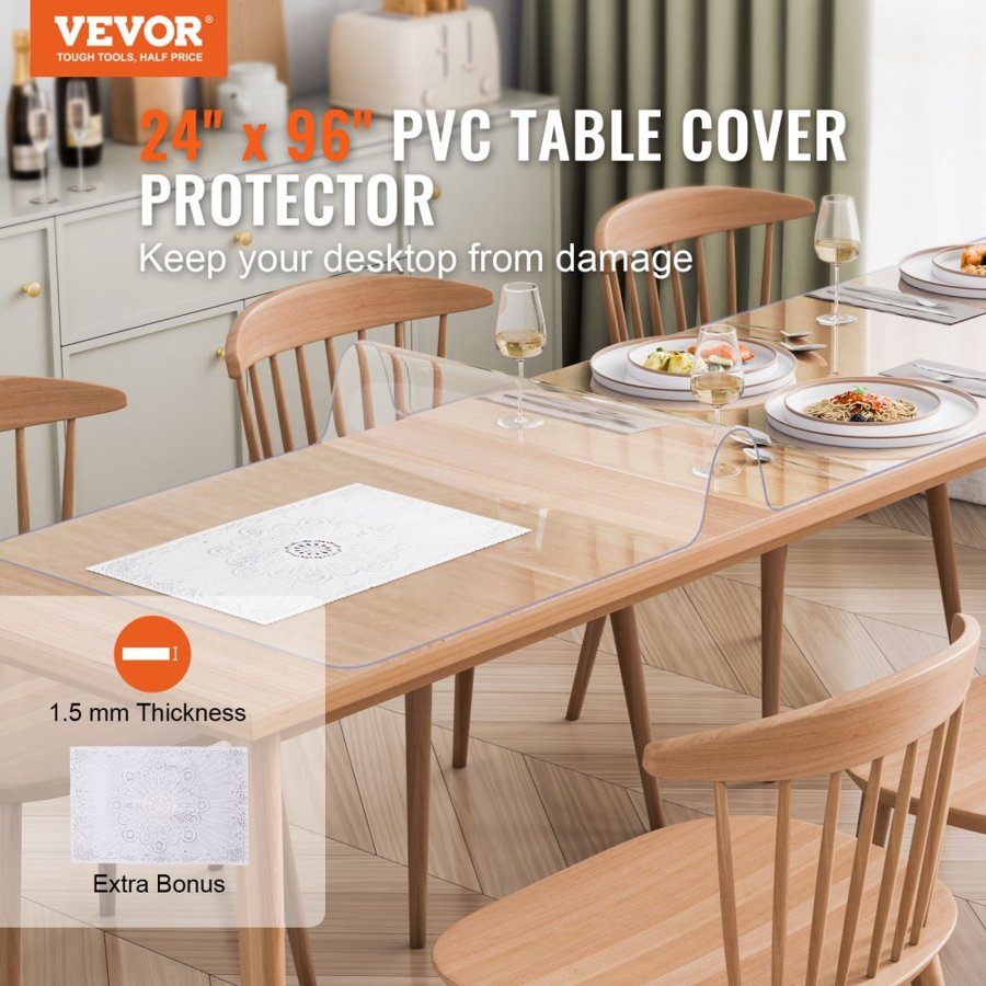 VEVOR Thick Clear Table Protector - 24x96 Inch, 1.5 mm PVC
